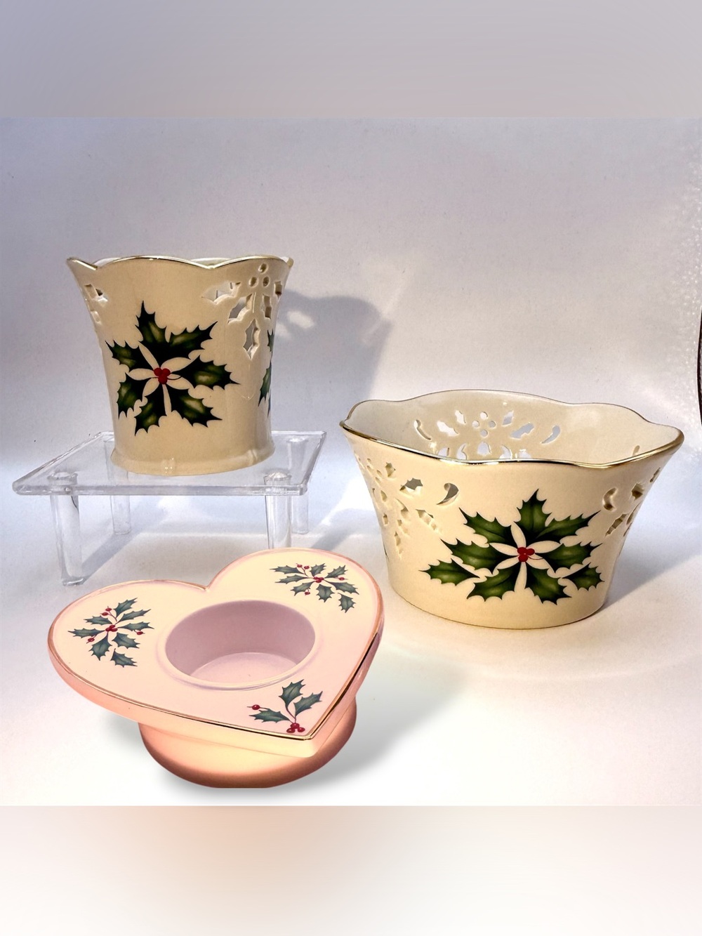 Lenox Holiday Christmas Votive Candle Holder Set: Porcelain Heart & 2 Pierced